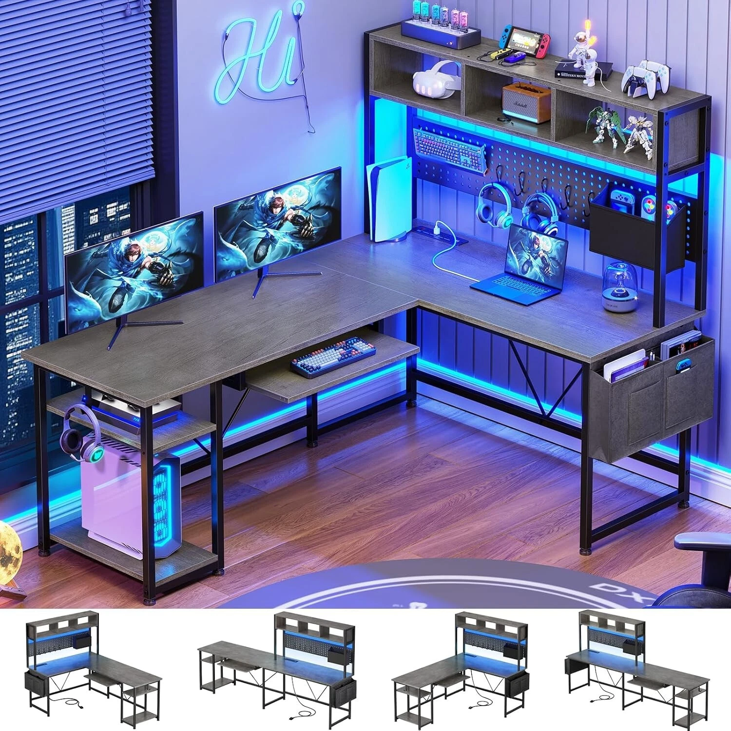 L Shaped Computer Desk with Pegboard and LED Light